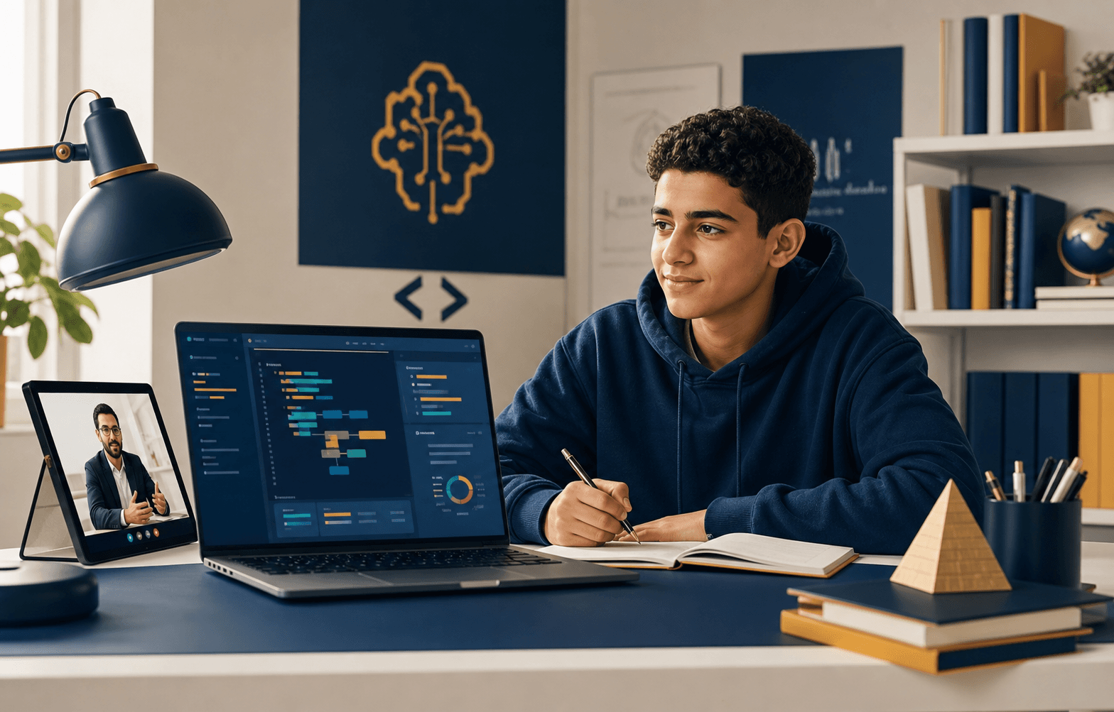 طالب بيتعلّم أونلاين على لابتوب مع شرح عملي ومُتابعة